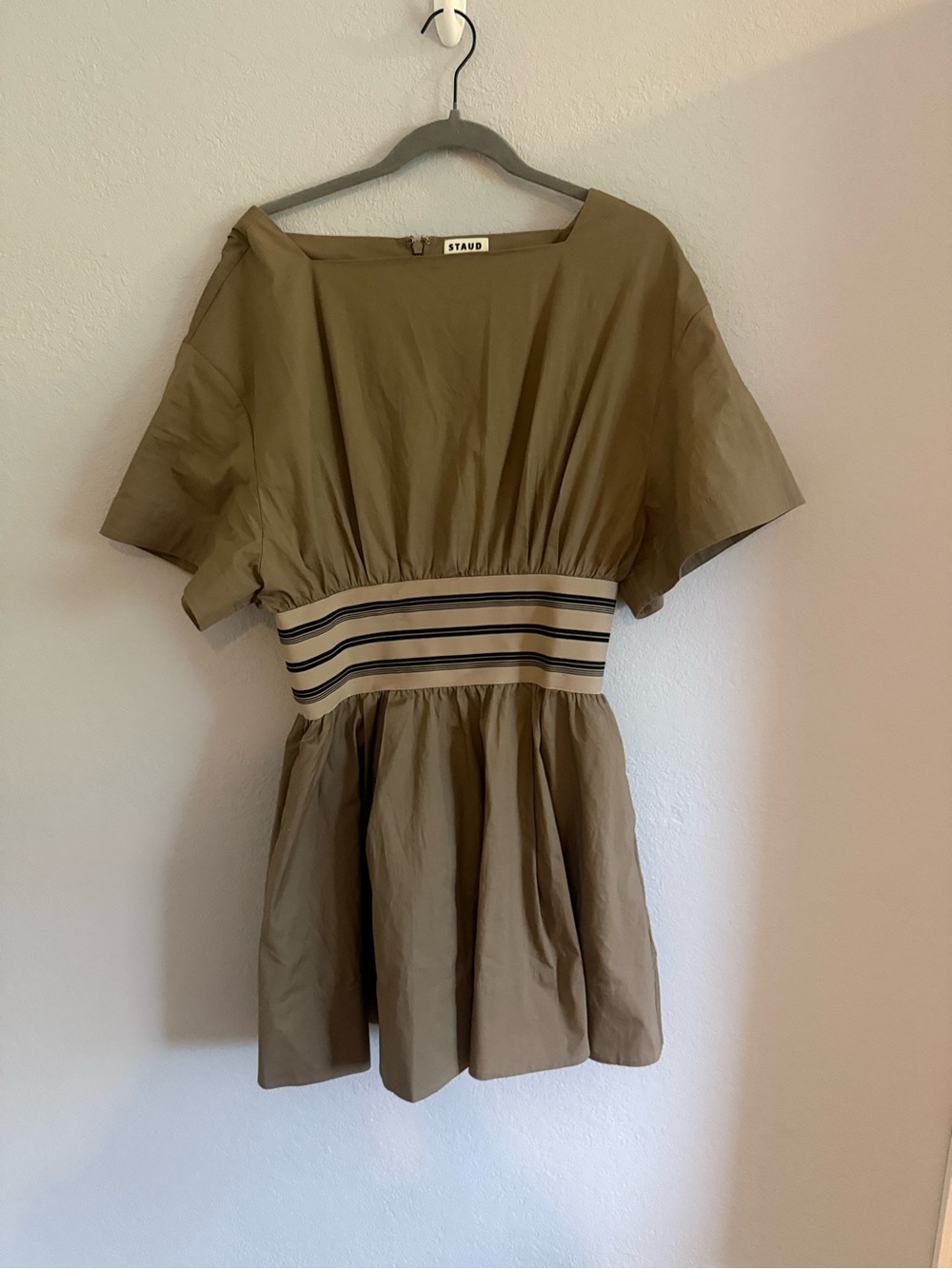 STAUD Olive-Tan Short Sleeve Waist-Striped Mini Dress